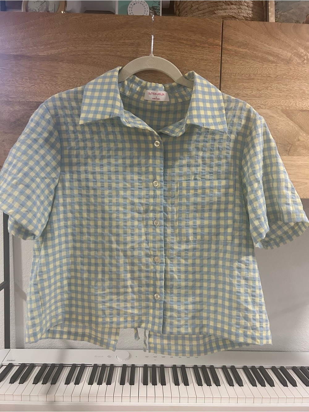 Checked Short-Sleeve Button-Up Top - Yellow & Light Blue